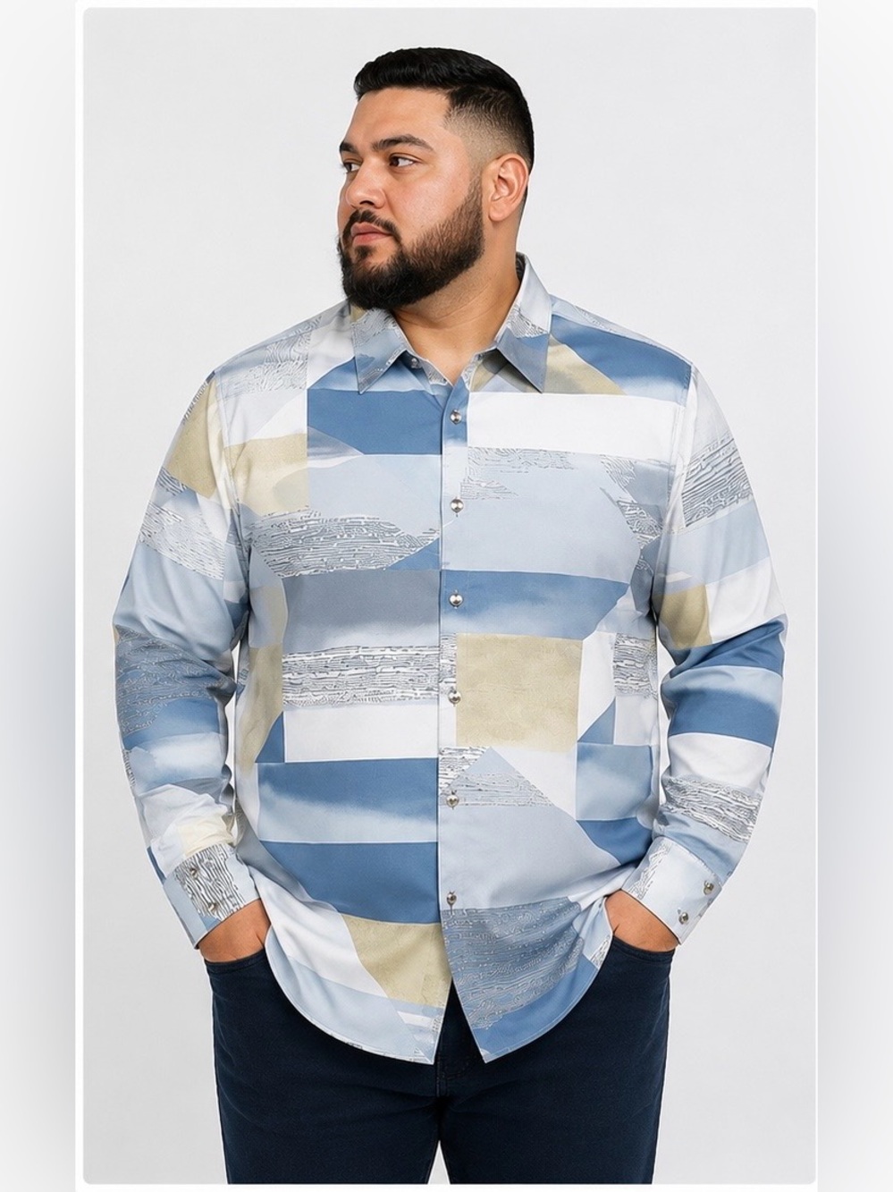 Platini Men's Geometric Print Long Sleeve Button-Up Shirt - Blue/Gray